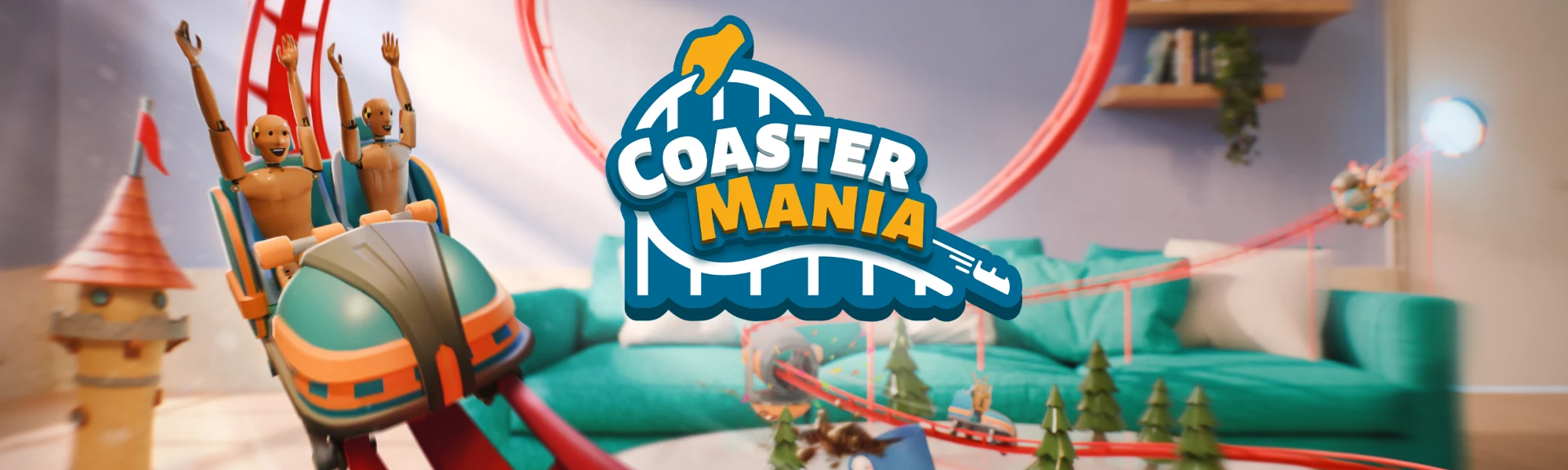 CoasterMania: crash-test dummies ride a coaster through a living room